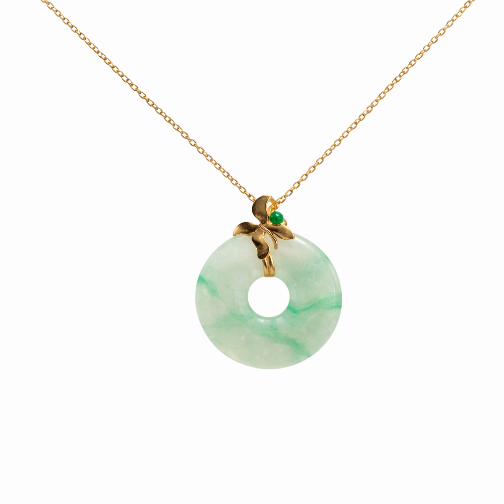 Icy Light Green Jadeite Donut Pendant with Gold Floral Setting